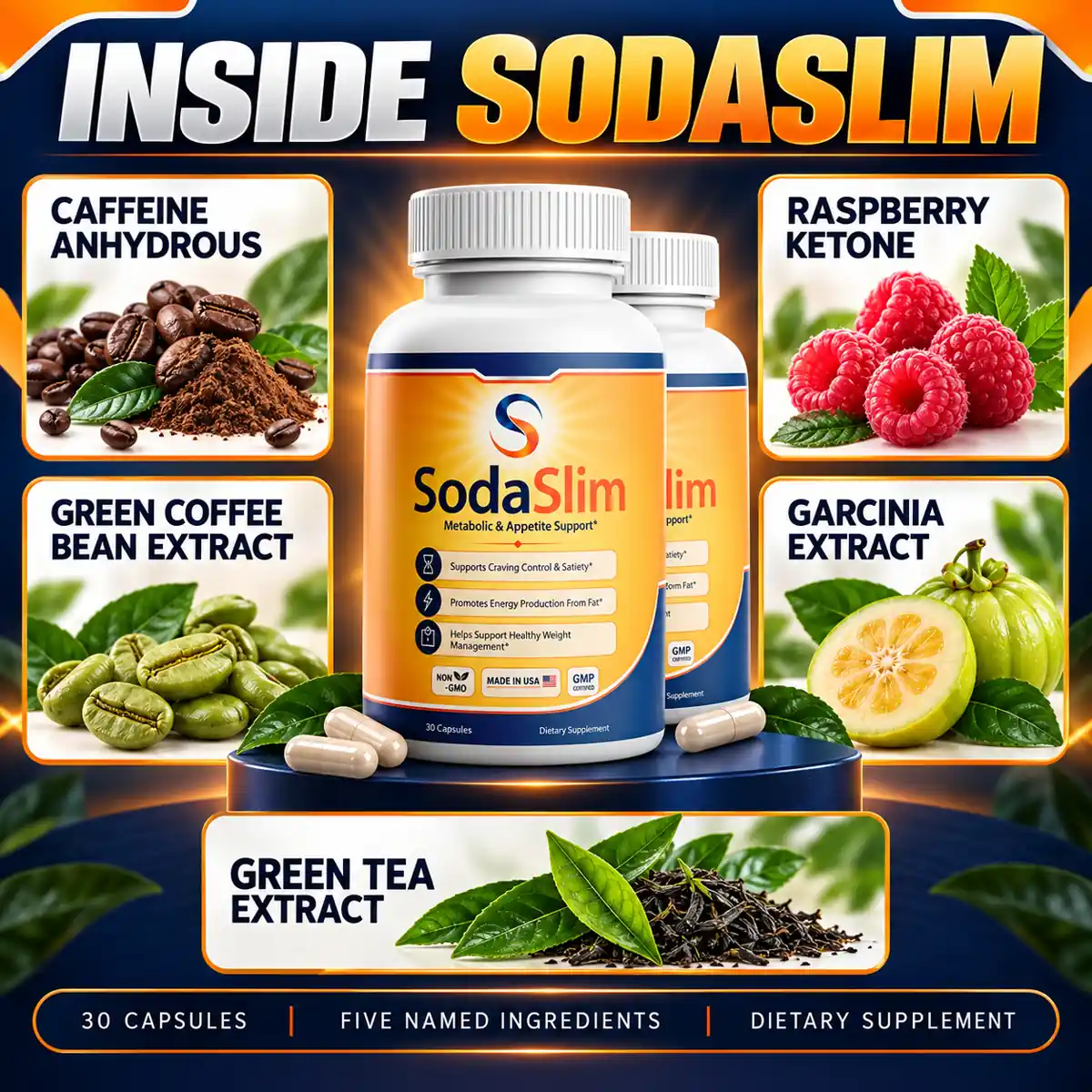The INSIDE SODASLIM graphic naming five ingredients around the bottle