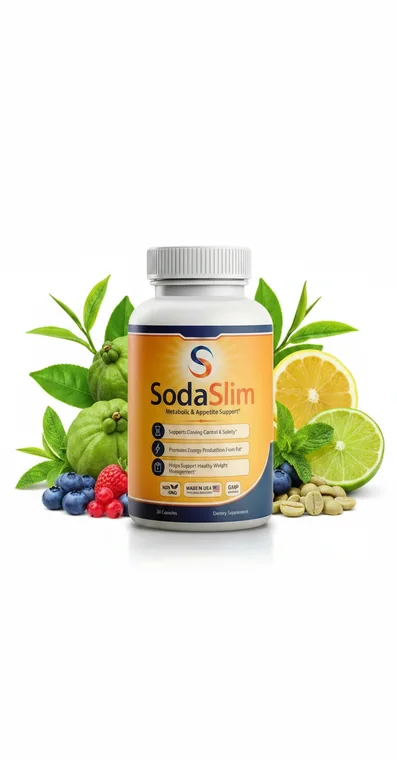A SodaSlim bottle standing among coffee beans, citrus, berries and leaves